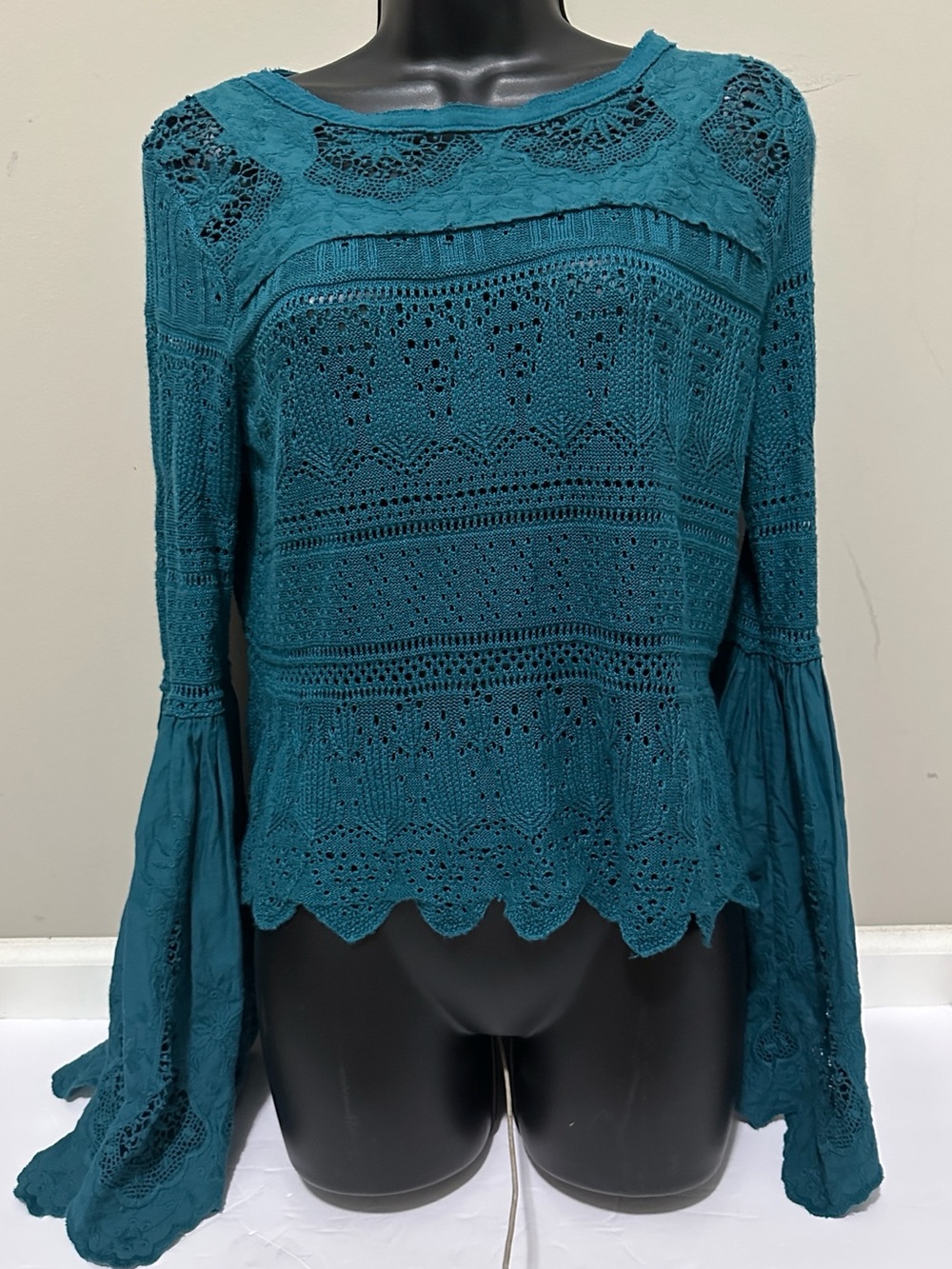 Free People Bohemian Crochet Lace Teal Long-Sleeve Top